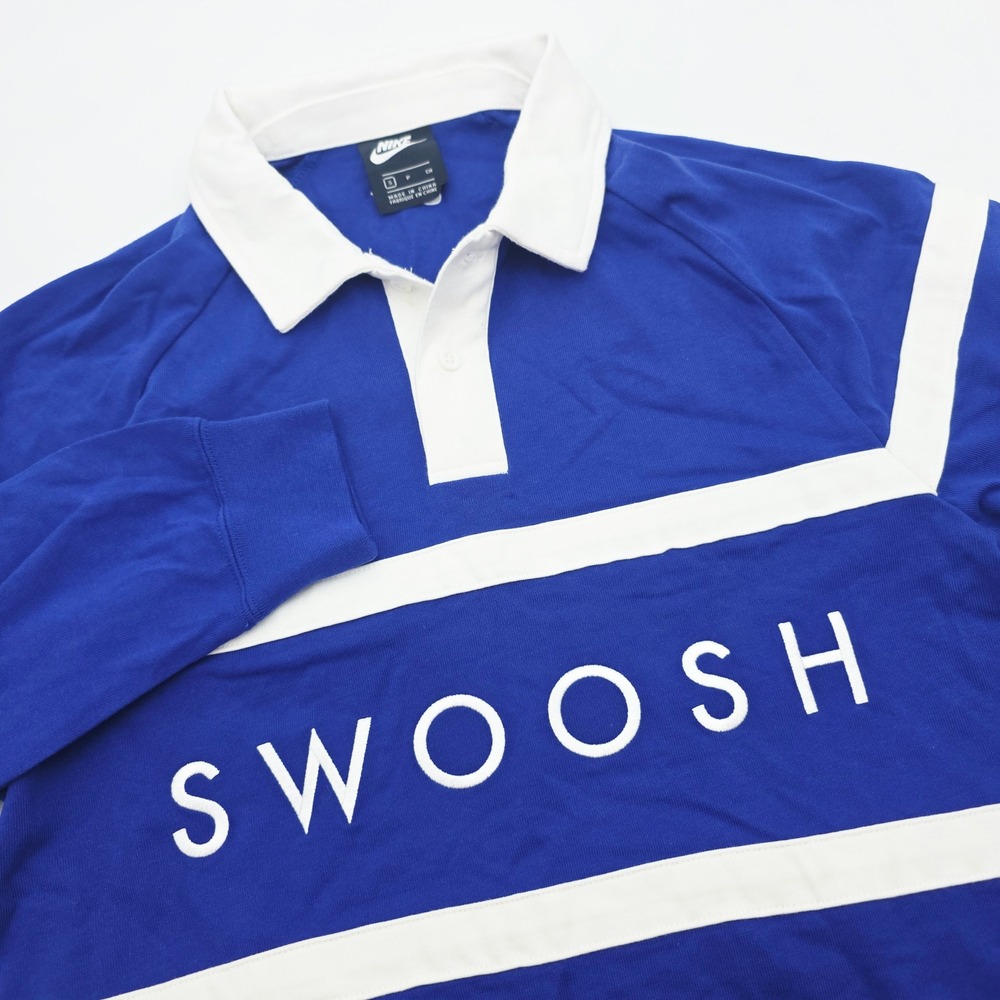 Nike Swoosh Mens Small Blue White Striped Long Sleeve Rugby Polo Shirt